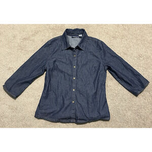 Forenza Women M Shirt Button-up Chambray 3/4 Sleeve Snap Button Dark‎ Blue VTG